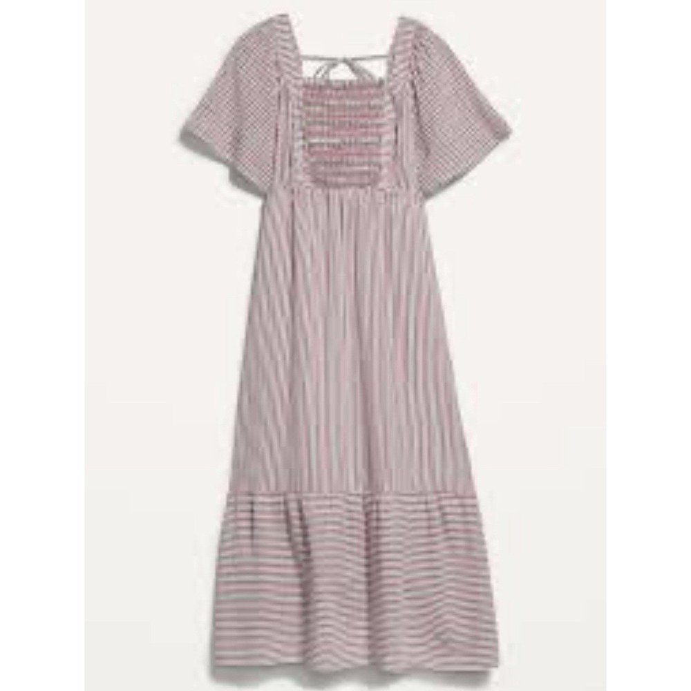 OLD NAVY‎ Fit & Flare Dress Short Sleeve Striped Tie-Back Midi Smocked Vacation